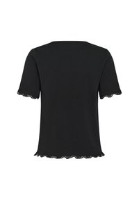 Black short-sleeve shirt with scalloped lace trim on sleeves and hem, shown from the back on a white background.
