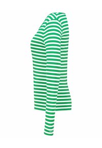 Groen en wit gestreepte lange mouwen top, met een ronde hals en een aansluitende vorm, gemaakt van lichtgewicht stof met een gladde textuur.