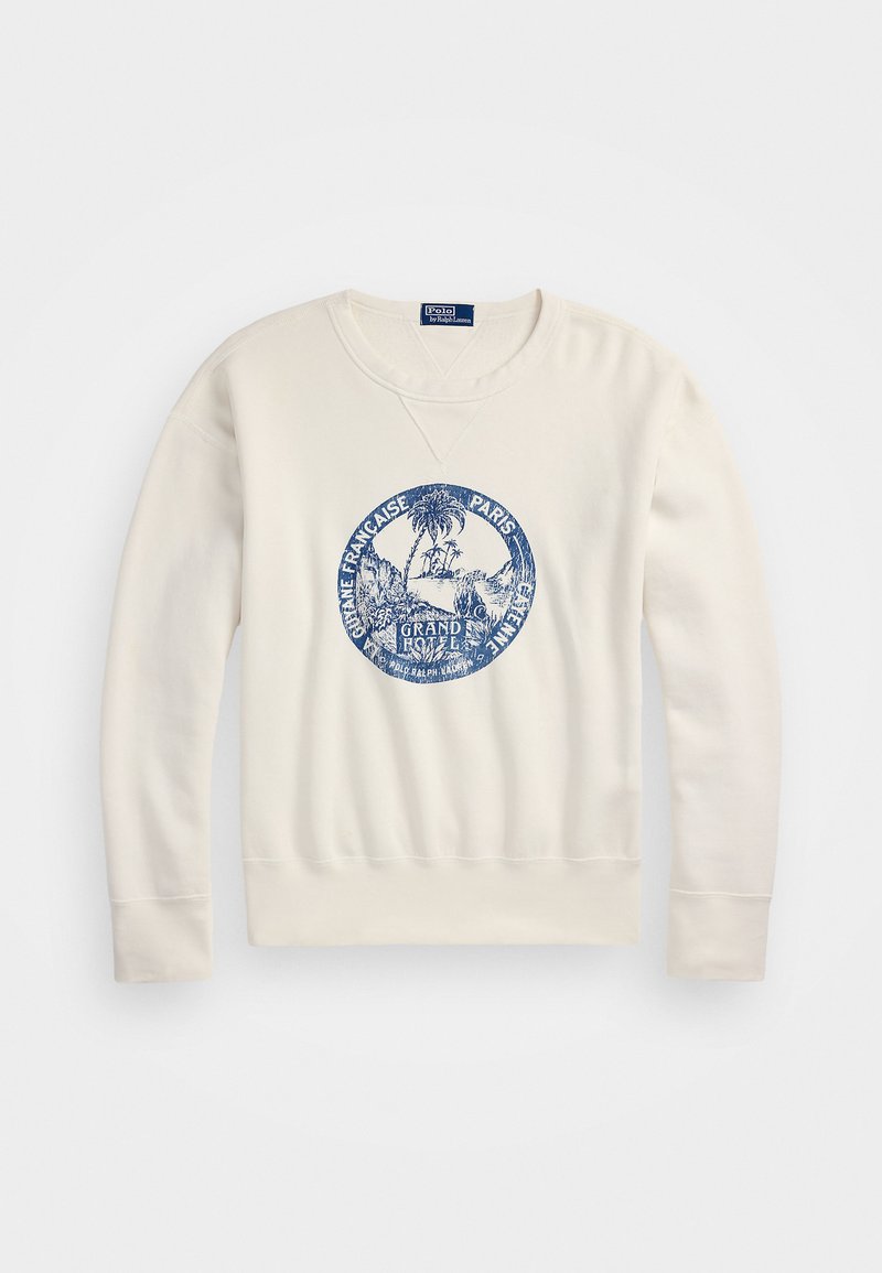 Cream sweatshirt with a round blue graphic featuring palm trees and text. Ribbed cuffs and hem; soft cotton material.
