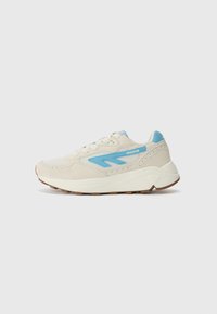 Beige sneakers with blue accents, featuring a mesh and suede upper, lace-up design, and a textured rubber sole for grip.