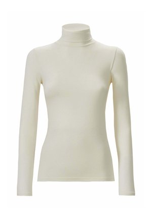 Maglione a collo alto color crema, realizzato in tessuto liscio, presenta maniche lunghe e un design aderente, senza motivi o decorazioni visibili.