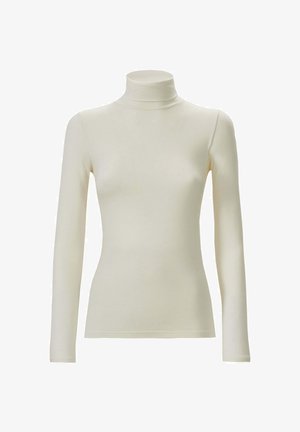 Maglione a collo alto color crema, realizzato in tessuto liscio, presenta maniche lunghe e un design aderente, senza motivi o decorazioni visibili.