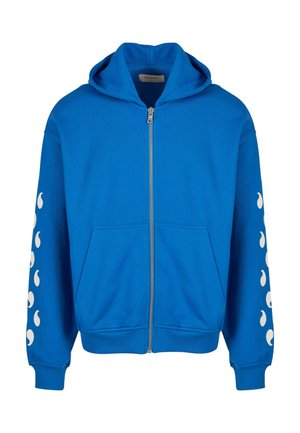 Blaues Reißverschluss-Hoodie aus einem Baumwollmischgewebe. Verfügt über eine Fronttasche und weiße Akzentmuster an den Ärmeln. Bequeme Passform mit Kapuze.