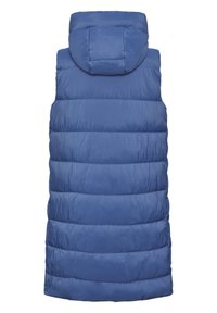 Mėlynas paminkštintas liemenė su kapišonu, turinti horizontalius siuvinėjimus ir lygią tekstūrą. Dizainas be rankovių ir siekia vidurinį šlaunų ilgį.