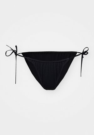 Black bikini bottom with a gathered texture, adjustable tie sides, and a low-rise fit. Smooth fabric with minimalistic design.