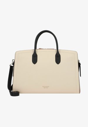Borsa in pelle color crema e nero con doppi manici, tracolla staccabile e sottile logo dorato "kate spade new york" inciso sul davanti.