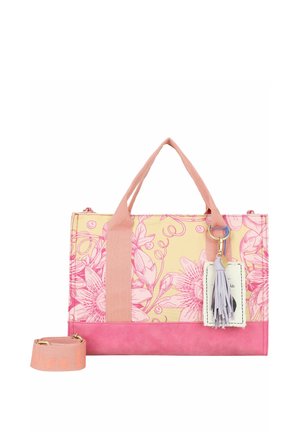 Borsa rettangolare con motivo floreale rosa su sfondo giallo, manici rosa, tracolla rosa rimovibile e portachiavi con nappina allegato.