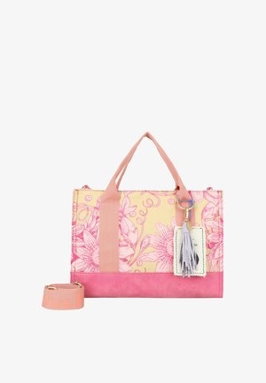 Borsa rettangolare con motivo floreale rosa su sfondo giallo, manici rosa, tracolla rosa rimovibile e portachiavi con nappina allegato.