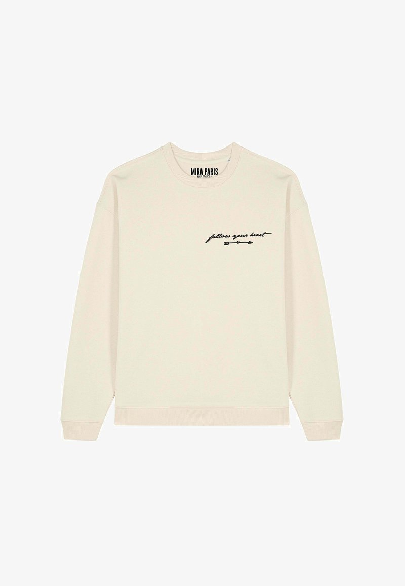 Felpa beige a maniche lunghe con testo "segui il tuo cuore" e design a freccia sul petto sinistro, polsini e orlo a coste, etichetta Mira Paris all'interno del colletto.