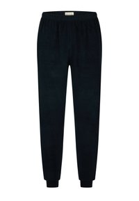 Pantalons de jogging en polaire noire avec taille élastique et poignets élastiques, coupe droite, et une petite étiquette de marque sur la taille intérieure.