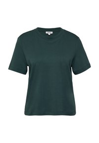 T-shirt à manches courtes vert foncé en tissu doux avec un col rond. Design simple avec des bords nets et sans motifs ni accents.