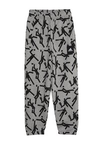 Szare dresy wykonane z miękkiego materiału z czarnym abstrakcyjnym wzorem. Posiadają elastyczny pas i małe czarne logo Adidas z boku.