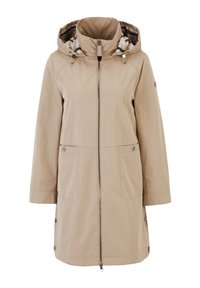 Veste imperméable beige avec capuche, fermeture éclair, deux poches avant et doublure à motif à carreaux. Comprend des cordons de serrage réglables et des boutons-pression.