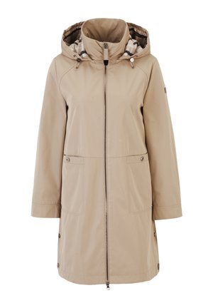 Beige waterproof jacket with a hood, zip closure, two front pockets, and check pattern lining. Features adjustable drawstrings and snaps.