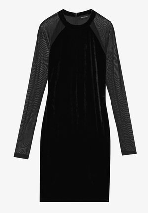 Schwarzes Kleid mit einem Samtkörper und langen, transparenten Netzärmeln. Es hat einen runden Ausschnitt und eine taillierte Silhouette. Keine Verzierungen sind sichtbar.
