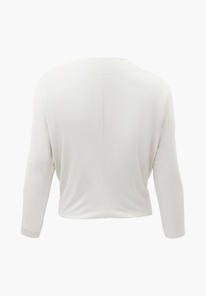 Camiseta blanca lisa de manga larga con costura visible en el centro de la parte posterior, ajuste holgado y diseño de hombros caídos, vista desde atrás sobre un fondo blanco.