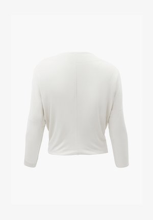 Camiseta blanca lisa de manga larga con costura visible en el centro de la parte posterior, ajuste holgado y diseño de hombros caídos, vista desde atrás sobre un fondo blanco.