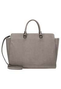 Šedá kabelka z faux kůže s dvojitými horními uchy a odnímatelným popruhem na rameno. Disponuje strukturovaným tvarem a hladkým povrchem.