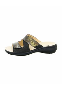 Black slide sandal featuring two textured straps in a multicolored pattern, cushioned insole, and a slight heel. Durable rubber outsole.