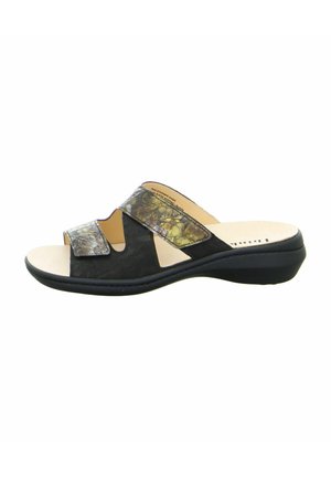 Black slide sandal featuring two textured straps in a multicolored pattern, cushioned insole, and a slight heel. Durable rubber outsole.