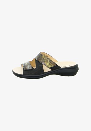 Black slide sandal featuring two textured straps in a multicolored pattern, cushioned insole, and a slight heel. Durable rubber outsole.