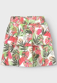 Jupe en couches avec un imprimé tropical vibrant aux couleurs rose, vert et blanc. Fabriquée en tissu léger avec une taille froncée.