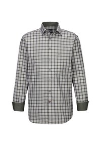 Camicia da uomo con bottoni in un motivo a quadri verde, grigio e bianco, con maniche lunghe, colletto classico e polsino verde scuro a contrasto.