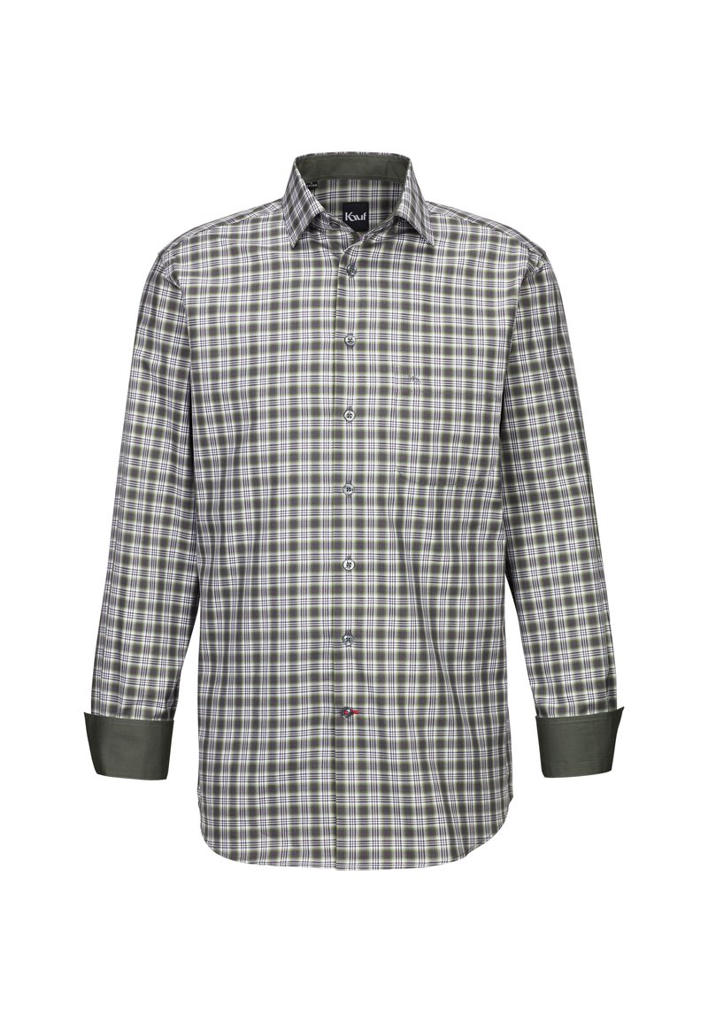 Camicia da uomo con bottoni in un motivo a quadri verde, grigio e bianco, con maniche lunghe, colletto classico e polsino verde scuro a contrasto.