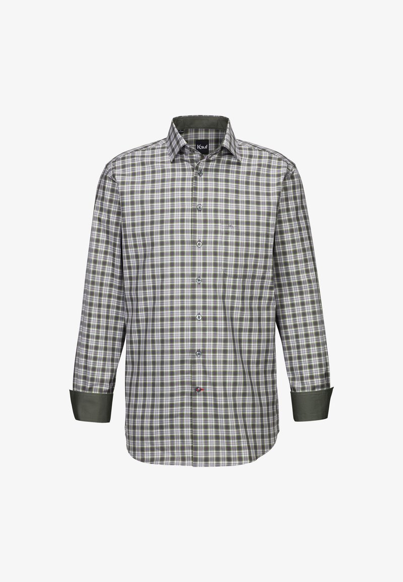 Camicia da uomo con bottoni in un motivo a quadri verde, grigio e bianco, con maniche lunghe, colletto classico e polsino verde scuro a contrasto.
