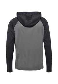 Felpa con cappuccio dal corpo grigio e maniche raglan nere. Texture liscia, vestibilità comoda e senza loghi o motivi visibili.