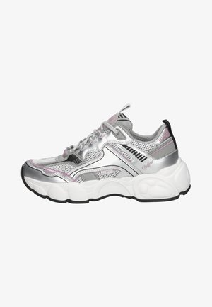 Silver athletic sneaker with mesh and synthetic overlays, featuring a chunky white sole, pink accents, and black detailing. Reinforced heel.