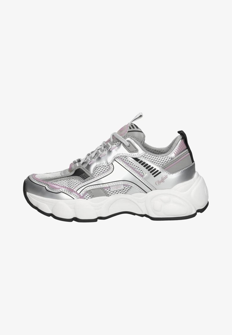 Silver athletic sneaker with mesh and synthetic overlays, featuring a chunky white sole, pink accents, and black detailing. Reinforced heel.