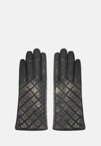 Czarne skórzane rękawiczki z pikowanym wzorem, z trzema szwami na każdym palcu i gładką fakturą.
