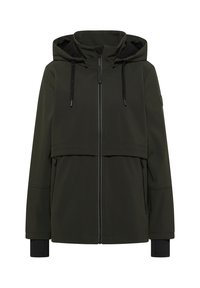 Veste à capuche vert foncé avec fermeture éclair frontale, capuche à cordon, deux poches zippées et poignets intérieurs noirs aux manches.