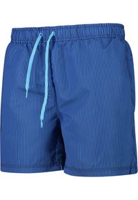 Blå randiga badshorts med ett elastiskt midjeband och ljusblå dragsnor, med vertikala svarta ränder som mönsterdetalj.