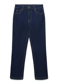 Jeans in denim dritto blu scuro con tasche frontali, passanti per cintura, chiusura con bottone e dettagli di cucitura gialla.