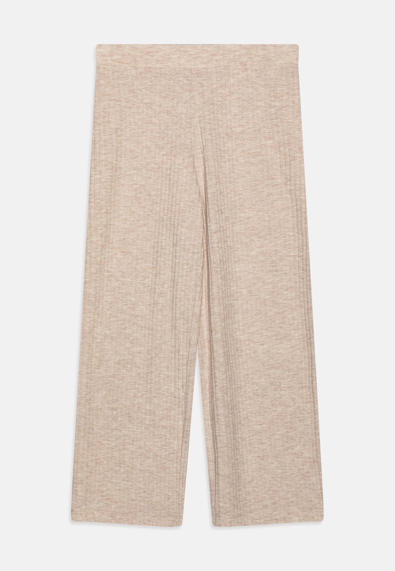 Pantalon beige à jambes larges en maille côtelée avec une taille haute et une coupe droite se terminant aux chevilles.