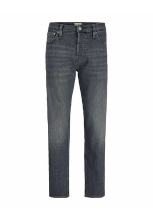 Temno sive ozke kavbojke z gumbom spredaj, zadrgo, zankami za pas in dizajnom s petimi žepi.