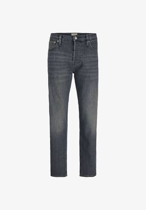 Temno sive ozke kavbojke z gumbom spredaj, zadrgo, zankami za pas in dizajnom s petimi žepi.