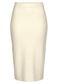 Gonna a matita in maglia di un beige chiaro, caratterizzata da un alto punto vita, una texture liscia e un taglio che arriva al ginocchio, progettata per una silhouette aderente.