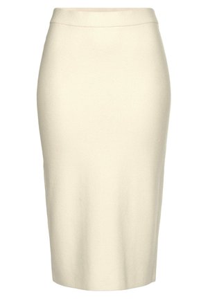 Gebreide kokerrok in lichtbeige, met een hoge tailleband, een soepele textuur en een knie-lange snit, ontworpen voor een getailleerd silhouet.
