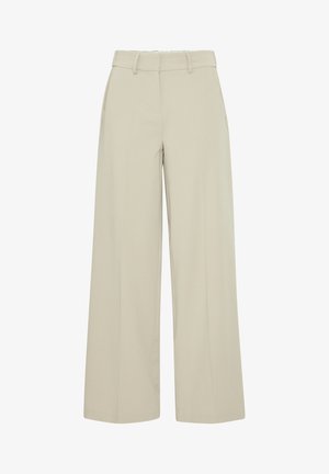 Pantaloni beige a gamba larga con vita alta, caratterizzati da sottili righe verticali, tasche laterali e un tessuto liscio e strutturato.
