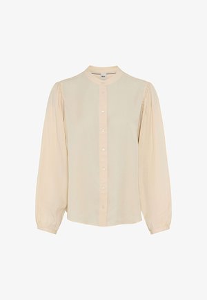 Beige bluse lavet af letvægtsstof, med en rund krave, lange puffede ærmer og en frontlukning med perlelignende knapper.