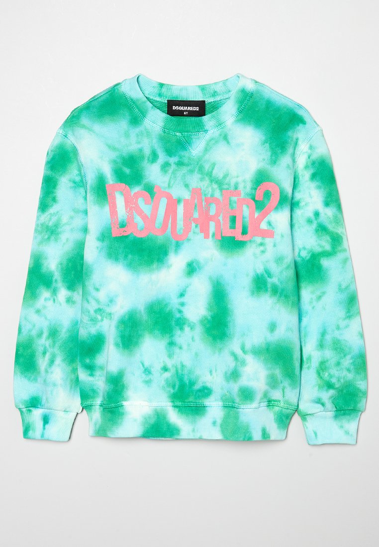 Felpa tie-dye verde e turchese con collo a giro, maniche lunghe e logo "DSQUARED2" in rosa sul petto. Materiale in cotone morbido.