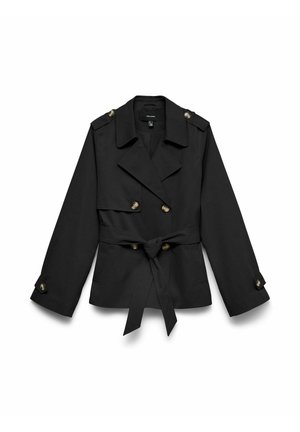 Zwart kort trenchcoat met brede kraag, dubbelgeknoopte knopen, schouderepauletten, taille met ceintuur en knoopmanchetten.