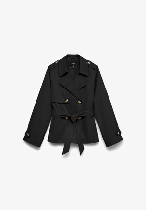 Zwart kort trenchcoat met brede kraag, dubbelgeknoopte knopen, schouderepauletten, taille met ceintuur en knoopmanchetten.