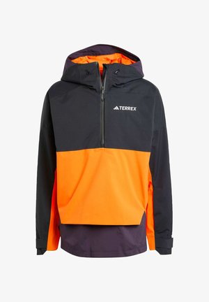 Lekka kurtka z kapturem z designem na pół zamka. Posiada czarną górę, żywo pomarańczowy dół i fioletowe akcenty. Logo z przodu.