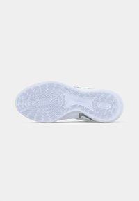 Shoe sole with textured rubber, featuring a white base and a subtle pattern. Rounded shape with reinforced edges for grip and durability.