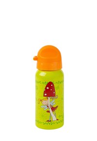 Gelbe Wasserflasche für Kinder mit einem orangenen Deckel, ausgestattet mit einer Fee, die einen roten Pilz hält, und floralen Mustern.