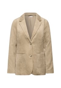 Béžový kordový blazer s klopovými límci, dvěma knoflíky, dvěma předními kapsami a dlouhými rukávy, vystavený na bílém pozadí.